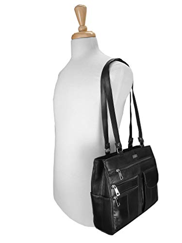 Bolso de Cuero para Mujer en Suave Cuero Negro - Bolso de Hombro con 2 Asas 8 Bolsillos 2 Secciones Principales Grandes con Cremallera - Bolsos de Mano de Mujer de Tamaño Medio - Quenchy London QL173