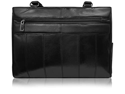 Bolso de Cuero para Mujer en Suave Cuero Negro - Bolso de Hombro con 2 Asas 8 Bolsillos 2 Secciones Principales Grandes con Cremallera - Bolsos de Mano de Mujer de Tamaño Medio - Quenchy London QL173