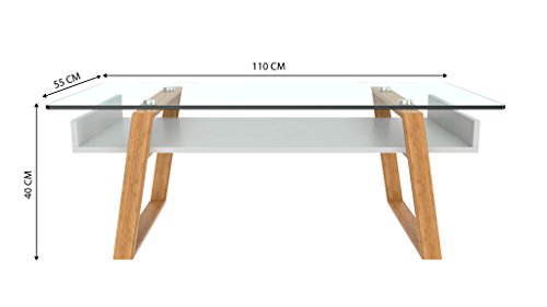 bonVIVO Mesa de Centro Vintage Donatella, Puede Usarse como Mesa de Café Moderna para Salón, Mesa de Centro Blanca, Mesas de Centro o Mesa Auxiliar con Marco de Madera Natural y Placa de Cristal