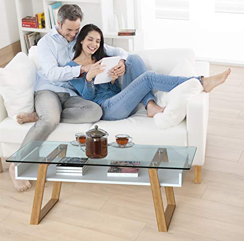 bonVIVO Mesa de Centro Vintage Donatella, Puede Usarse como Mesa de Café Moderna para Salón, Mesa de Centro Blanca, Mesas de Centro o Mesa Auxiliar con Marco de Madera Natural y Placa de Cristal