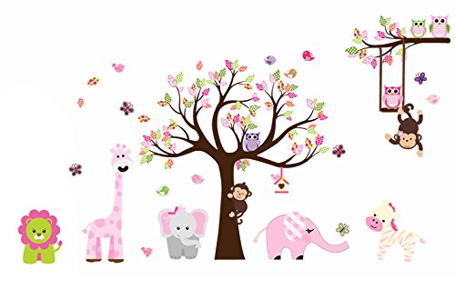 Bosque de monos de animal de la selva, la ardilla y el juego de columpio búho en hojas de colores Tree Vinilos decorativos etiqueta de la pared (L301)