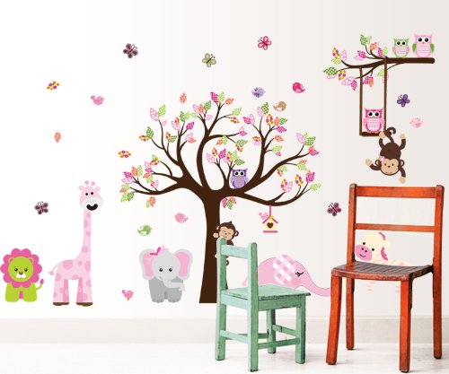 Bosque de monos de animal de la selva, la ardilla y el juego de columpio búho en hojas de colores Tree Vinilos decorativos etiqueta de la pared (L301)