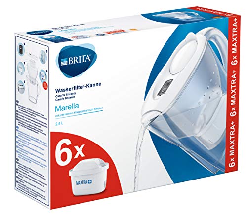 BRITA Marella blanca Pack Ahorro – Jarra de Agua Filtrada con 6 cartuchos MAXTRA+, Filtro de agua BRITA que reduce la cal y el cloro, Agua filtrada para un sabor óptimo, 2.4L