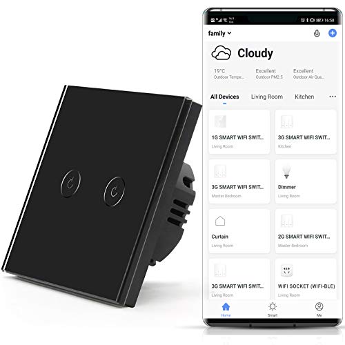 BSEED Interruptores de luz de pared Smart WiFi Touch Sensor (se necesita alimentación neutra) Panel de vidrio compatible Alexa/Tuya/IFTT 2 Gang 1 Via Negro