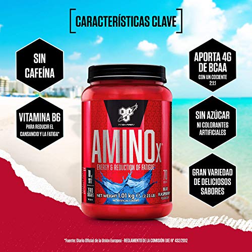 BSN Nutrition Amino X, Suplementos Deportivos BCAA Polvo con Aminoacidos Esenciales y Vitamina D, Aminoacidos BCAA para Musculacion, Frambuesa Azul, 70 Porciones, 1kg