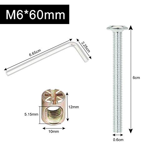 BUZIFU Set M6 Tuerca y Tornillo Pernos de Muebles con Llave Allen Hexagonal, Tornillos de Fijación de Acero al Carbono Tuercas de Barril Conector de Tuerca Pasador Perno Roscado(Plateado)