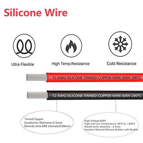 Cable de silicona de calibre 12 de baja impedancia suave y flexible, cable de silicona 12 AWG 680 hilos de 0.08 mm Cable de cobre para RC Coche, avión no tripulado, batería de avión, etc.(12AWG)