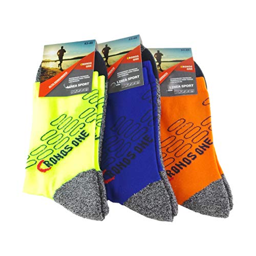 Calcetines deportivos (3 pares) SIN COSTURAS de alto rendimiento para hombre o mujer. Ideales para deportes como running, crossfit, ciclismo, pádel, trekking; Cómodos y resistentes. (Am/Az/Na, 43-46)