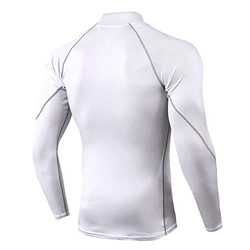 Camiseta Compresión para Hombre con Cuello Alto Camiseta Deportiva Secado Rápido de Manga Larga para Fitness Gimnasio Entrenamiento Ciclismo Blanco XL