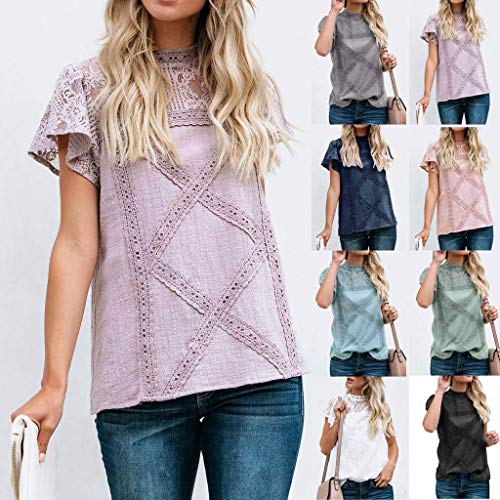 Camisetas Mujer Dia de la Mujer Verano Patchwork De Encaje Casual Ahuecar Volantes Manga Corta Suéter De Cuello De Tortuga Linda Blusa Floral Camiseta Blanca para Mujer Hanyixue