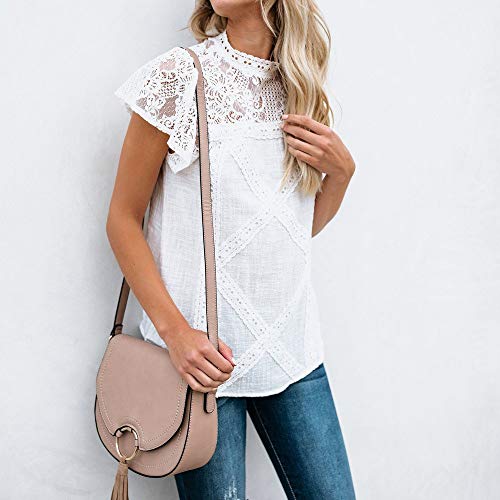 Camisetas Mujer Dia de la Mujer Verano Patchwork De Encaje Casual Ahuecar Volantes Manga Corta Suéter De Cuello De Tortuga Linda Blusa Floral Camiseta Blanca para Mujer Hanyixue