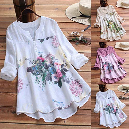 Camisetas Mujer Manga Larga SHOBDW 2019 Nuevo Cuello en V Tops de Túnica Blusas Suelto Estampado Floral Pullover Sexy Casual Verano Camisetas Mujer Tallas Grandes M-5XL(Beige,M)