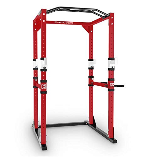 CapitalSports Tremendour - Power Rack, Jaula de musculación, Gimnasio en casa, Cable de tracción, Pesos, Agarre múltiple, dominadas, Flexiones, Brazos, piernas, Press banca, Rojo