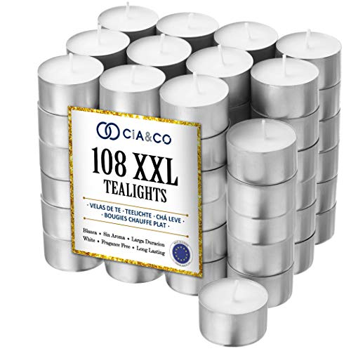 Cia&Co Pack 108 Velas de té XXL Larga Duración 8 Horas. Vela Blanca sin Aroma de Parafina. Ideal Hosteleria