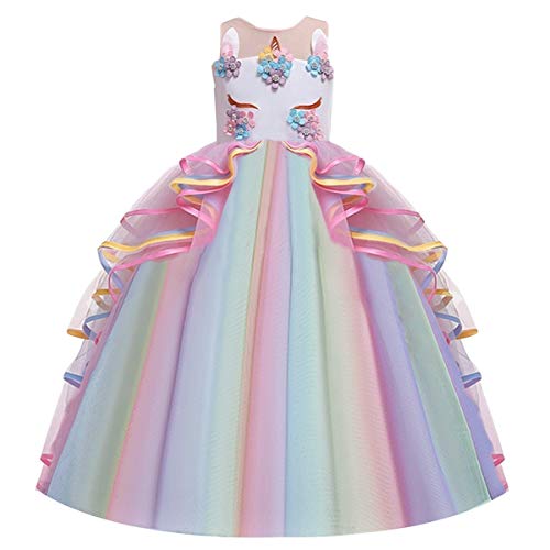 CinheyU Niñas Disfraz de Carnaval Sin Mangas Vestido de Unicornio Princesa Cumpleaños Boda Fiesta de Cosplay para Chicas Navidad Bautizo Comunión Flor Vestidos de Baile con Diadema Arcoiris 4-5