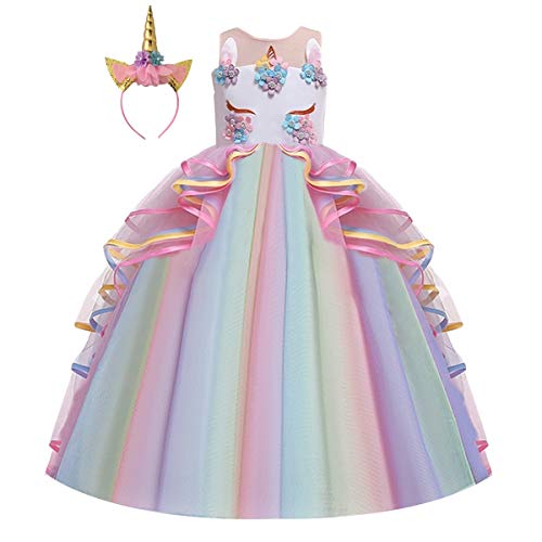 CinheyU Niñas Disfraz de Carnaval Sin Mangas Vestido de Unicornio Princesa Cumpleaños Boda Fiesta de Cosplay para Chicas Navidad Bautizo Comunión Flor Vestidos de Baile con Diadema Arcoiris 4-5