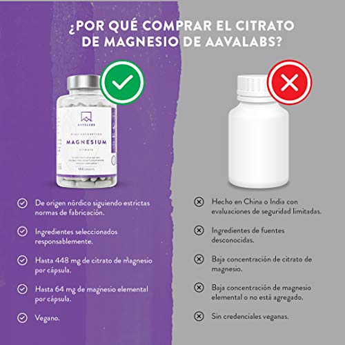 Citrato de Magnesio [ 400 mg por cápsula] Vegano de AAVALABS - Alta Dosis de Magnesio Elemental [ 448 mg por dosis] - 180 cápsulas - Puro - Suministro de 1 mes