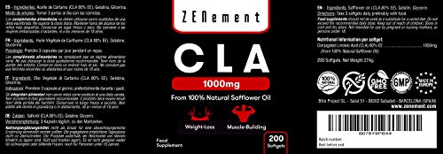 CLA - Ácido Linoleico Conjugado | 1000mg x 200 Perlas | Pérdida de peso, Crecimiento Muscular | Aceite Vegetal de Cártamo 100% Natural, sin gluten, sin transgénicos