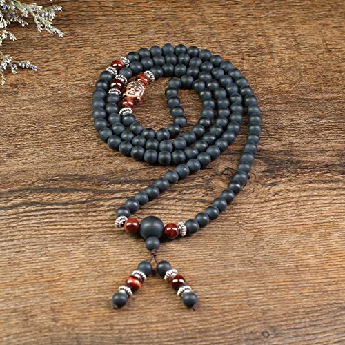 COAI® Pulsera Collar de 108 Cuentas Mala Piedra Natural Ónice Mate y Ojo de Tigre Rojo Budista 6mm