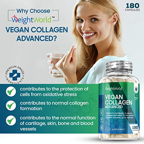 Colágeno Vegano 180 Cápsulas | Suplemento Con Resveratrol, Vitamina C, Zinc, Ácido Hialurónico y Vitamina E, Para Piel, Cartílago, Huesos y Articulaciones, Origen Vegetal Suministro 3 Meses