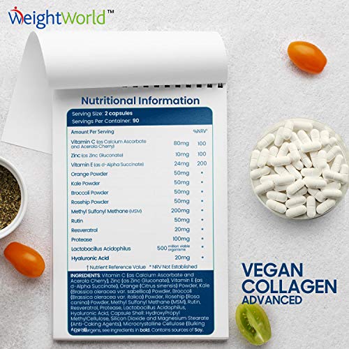 Colágeno Vegano 180 Cápsulas | Suplemento Con Resveratrol, Vitamina C, Zinc, Ácido Hialurónico y Vitamina E, Para Piel, Cartílago, Huesos y Articulaciones, Origen Vegetal Suministro 3 Meses