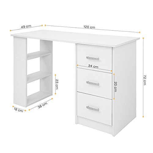 COMIFORT Mesa de Trabajo – Escritorio Robusto y Espacioso, Estilo Moderno y Minimalista, con Gran Capacidad de Almacenaje, 3 Baldas y 3 Cajones, Color Blanco