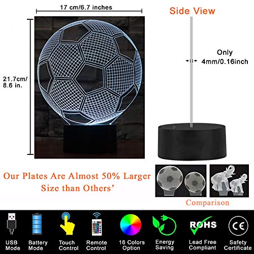 Comiwe Fútbol Luz de Noche de Ilusión 3D Juguete,Control Táctil y Remoto de 16 Colores,Lámpara de Mesa de Noche LED Para Decoración del Hogar,Regalo Para Niñas,Niños,Adultos,Amigos y Familia