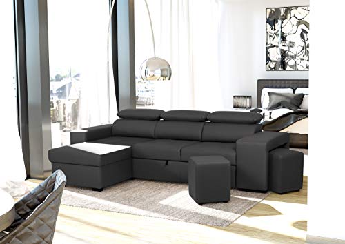 Confort24 John Hogar Sofá Cama 3 Plazas o 4 Plazas Chaise Longue Derecha o Izquierda Esquinero Reposacabezas Ajustable 2 Puffs Negro Salon Decoración de Hogar Polipiel Piel Sintética Negro