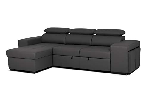 Confort24 John Hogar Sofá Cama 3 Plazas o 4 Plazas Chaise Longue Derecha o Izquierda Esquinero Reposacabezas Ajustable 2 Puffs Negro Salon Decoración de Hogar Polipiel Piel Sintética Negro