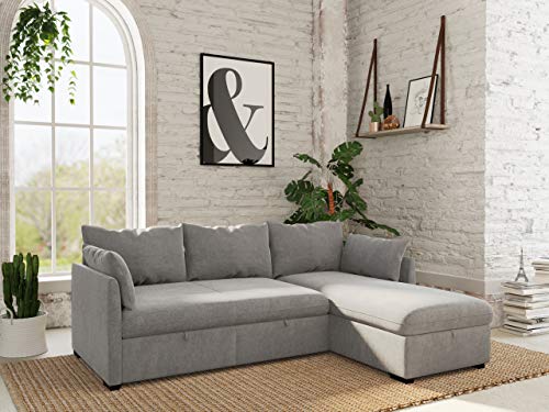 Confort24 Orlando Hogar Sofá Cama 3 Plazas Chaise Longue Esquinero Reversible Izquierda o Derecha con Arcón Tapizado Tela Gris Sofá de Salon Decoración de Hogar Cojines y Tapicería 221 x 162 x 90