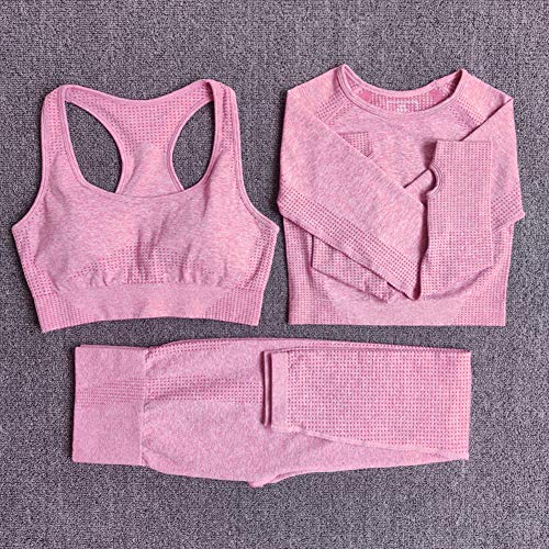 Conjunto Yoga 3 Piezas Ropa Fitness , Pantalones De Yoga Súper Elásticos Sin Costuras+Bralette Para Mujer+Camiseta Deportiva De Manga Larga Sin Costuras Mujer Rosa Rosa S