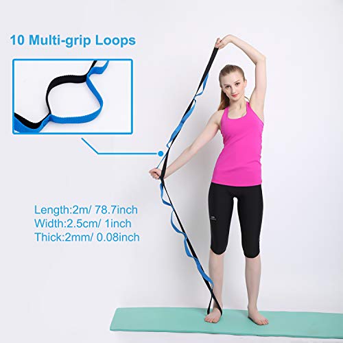 Correa de Estiramiento de Yoga Multi-Loop Cuerda de Antigravedad de Yoga Aérea Ideal para Fitness en el Hogar, Baile, Pilates, Fisioterapia, con Libro de Instrucciones, Azul 2 Metros