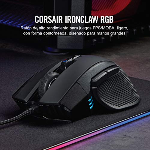 Corsair Ironclaw RGB - Ratón Óptico para Juego (con Cable, Mano Derecha, USB, 18000 dpi, Negro)