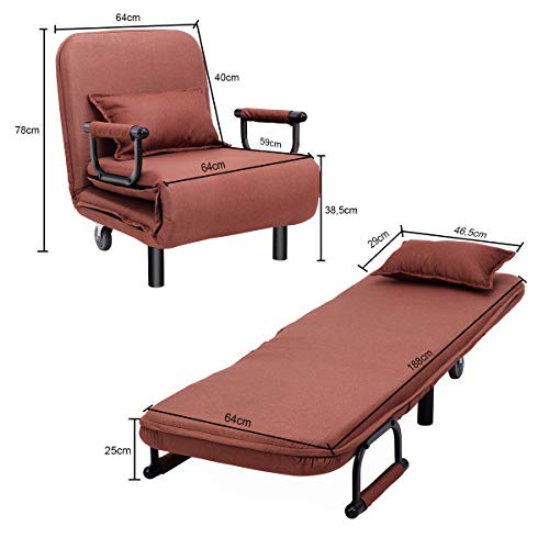 COSTWAY Silla Plegable Sofá Cama Individual Sillón con Respaldo Ajustable Tumbona con Colchón para Oficina Terraza Jardín (Marrón)