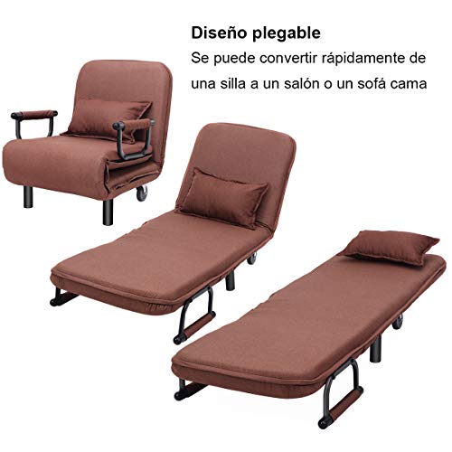 COSTWAY Silla Plegable Sofá Cama Individual Sillón con Respaldo Ajustable Tumbona con Colchón para Oficina Terraza Jardín (Marrón)