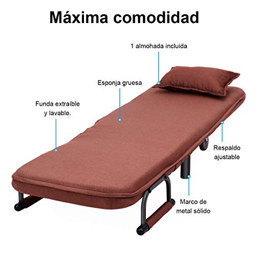 COSTWAY Silla Plegable Sofá Cama Individual Sillón con Respaldo Ajustable Tumbona con Colchón para Oficina Terraza Jardín (Marrón)