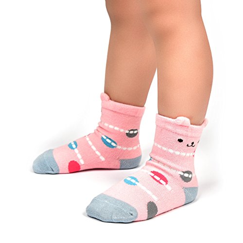 Cottock 12 Pares de Calcetines Antideslizantes para Niñas Pequeñas Algodón Lindo con Puños, Calcetines Antideslizantes para Piñas Pequeñas (12 pares, 3-5 años)