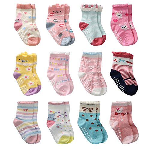 Cottock 12 Pares de Calcetines Antideslizantes para Niñas Pequeñas Algodón Lindo con Puños, Calcetines Antideslizantes para Piñas Pequeñas (12 pares, 3-5 años)