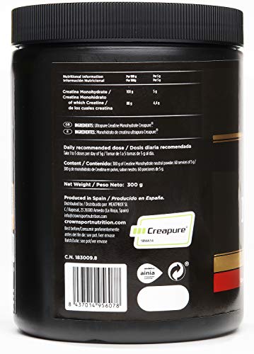 Crown Sport Nutrition Creatina Monohidrato Creapure con certificado antidoping Informed Sport, Suplemento para Deportistas, Polvo sabor Neutro - 300 g