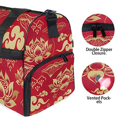 Dallonan Bolsa de Viaje para la Noche de Negocios, Estilo Chino, Bolsa de Lona con diseño de Flor de Loto, para Gimnasio, Zapatero, Bolsa Deportiva