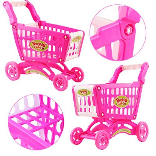 deAO Carrito de la Compra Infantil Incluye Variedad de 50 Productos de Mercado y Comestibles para Niños y Niñas (Rosa)