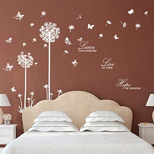 decalmile Pegatinas de Pared Diente de León Mariposas Vinilos Decorativos Frases Learn Live Hope Adhesivos Pared Dormitorio Salon Habitacion (Blanco)