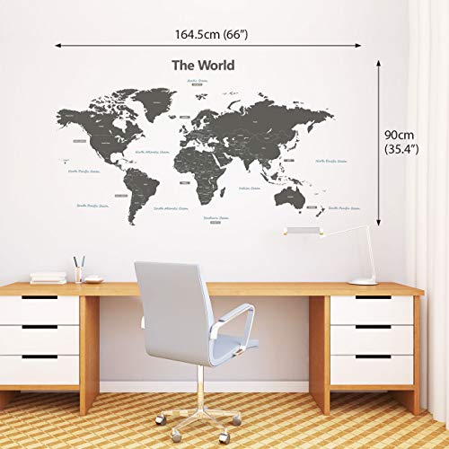 DECOWALL DLT-1609G Mapamundi Moderno Gris Vinilo Pegatinas Decorativas Adhesiva Pared Dormitorio Salón Guardería Habitación Infantiles Niños Bebés (Extra Grande) (English Ver.)