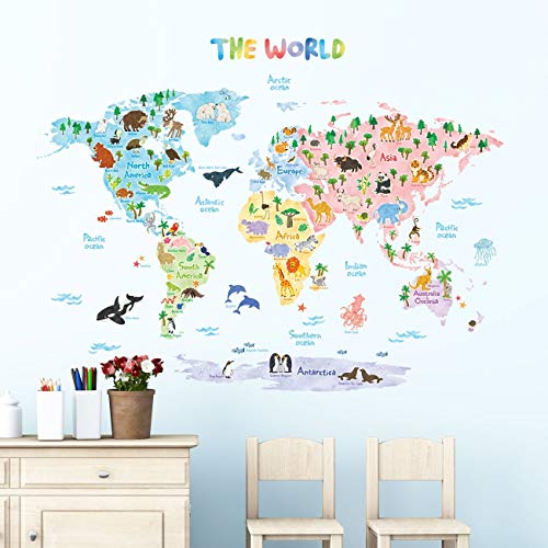 DECOWALL DLT-1615 Mapamundi Animales (Extra Grandede) (English Ver.) Vinilo Pegatinas Decorativas Adhesiva Pared Dormitorio Saln Guardera Habitaci Infantiles Nios Bebs