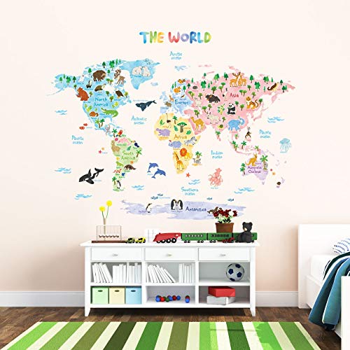 DECOWALL DLT-1615 Mapamundi Animales (Extra Grandede) (English Ver.) Vinilo Pegatinas Decorativas Adhesiva Pared Dormitorio Saln Guardera Habitaci Infantiles Nios Bebs