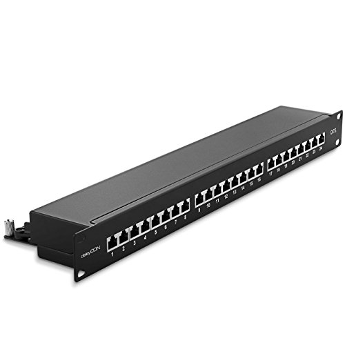 deleyCON CAT6 Patch Panel El Panel de Corrección 24 Puertos Escritorio 19" Pulgadas el Montaje en Rack Ensamblaje del Servidor 24x RJ45 Blindado TIA568A TIA568B - Negro