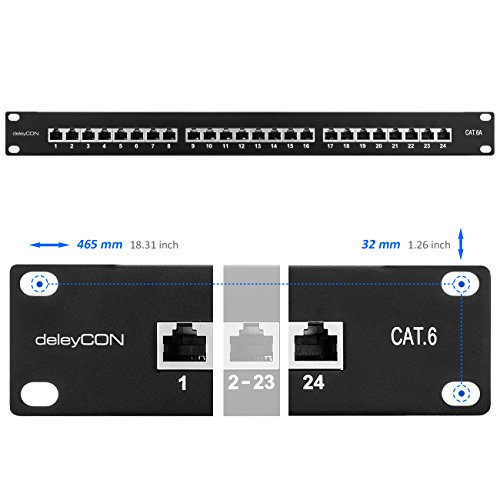 deleyCON CAT6 Patch Panel El Panel de Corrección 24 Puertos Escritorio 19" Pulgadas el Montaje en Rack Ensamblaje del Servidor 24x RJ45 Blindado TIA568A TIA568B - Negro