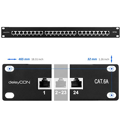 deleyCON CAT6a Patch Panel El Panel de Corrección 24 Puertos Escritorio 19" Pulgadas el Montaje en Rack Ensamblaje del Servidor 24x RJ45 Blindado TIA568A TIA568B - Negro