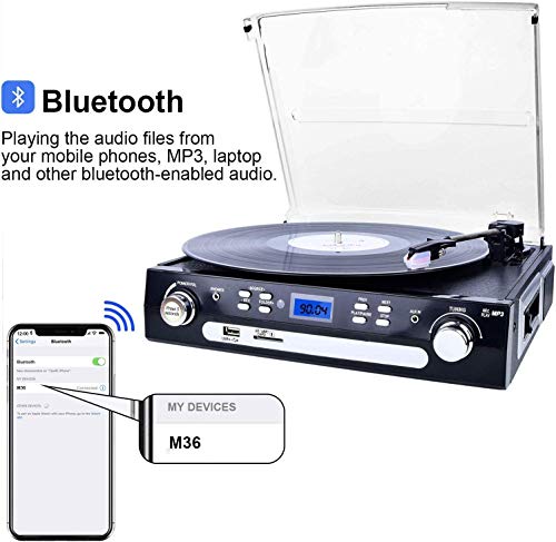 DIGITNOW! Tocadiscos Bluetooth con Estéreo Altavoces,33/45/78 RPM Apoyos Cassette/Radio/Vinilo a MP3 USB Codificación/Aux in