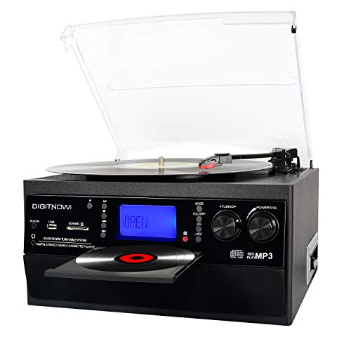 DIGITNOW! Tocadiscos Bluetooth Plato Giradiscos Vinilo,CD,Cassette,Encoding,USB,SD,MMC,Am/FM,3 velocidades,33/45/78 RPM con Altavoces Incorporados